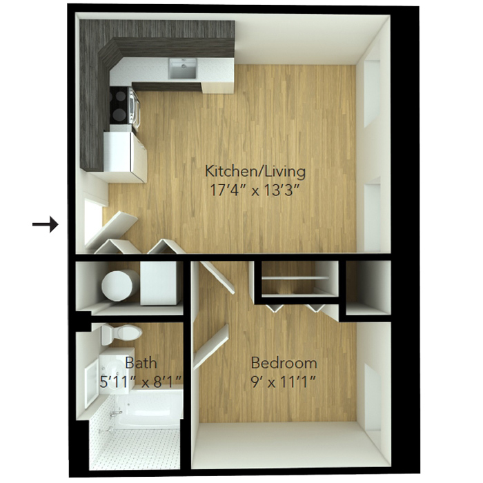 One bedroom apartment floor plan at MKT Place apartments