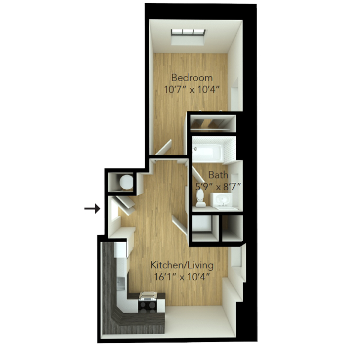 One bedroom floor plan at Wilmington apartment