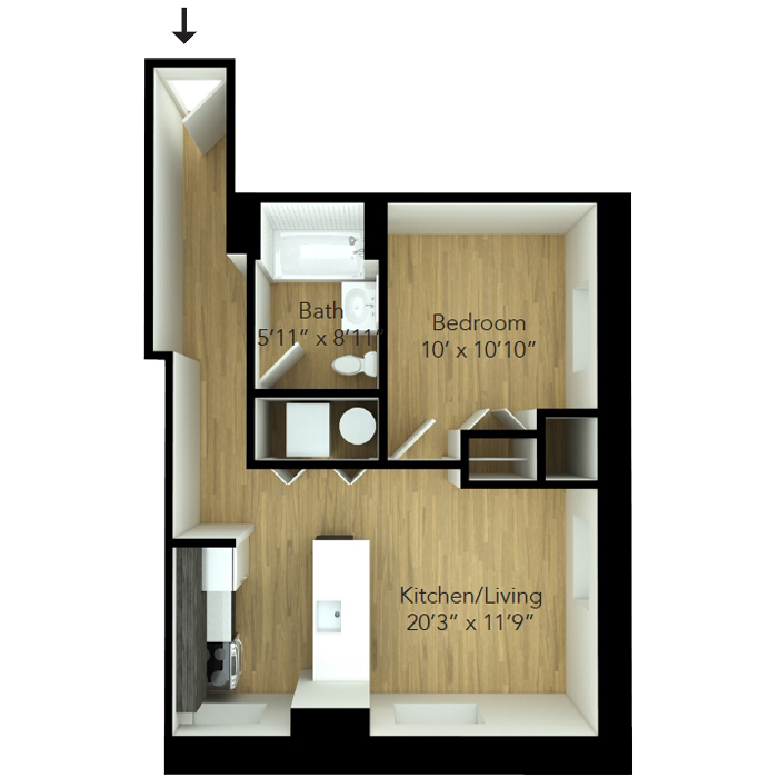 One bedroom floor plan for Downtown Wilmington apartment