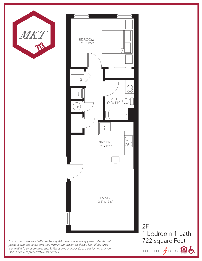 Market Street one bedroom apartment floor plan