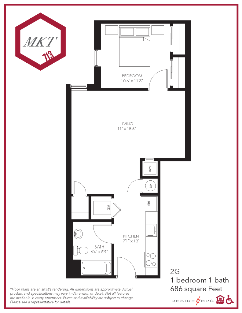 Market Street one bedroom apartment floor plan